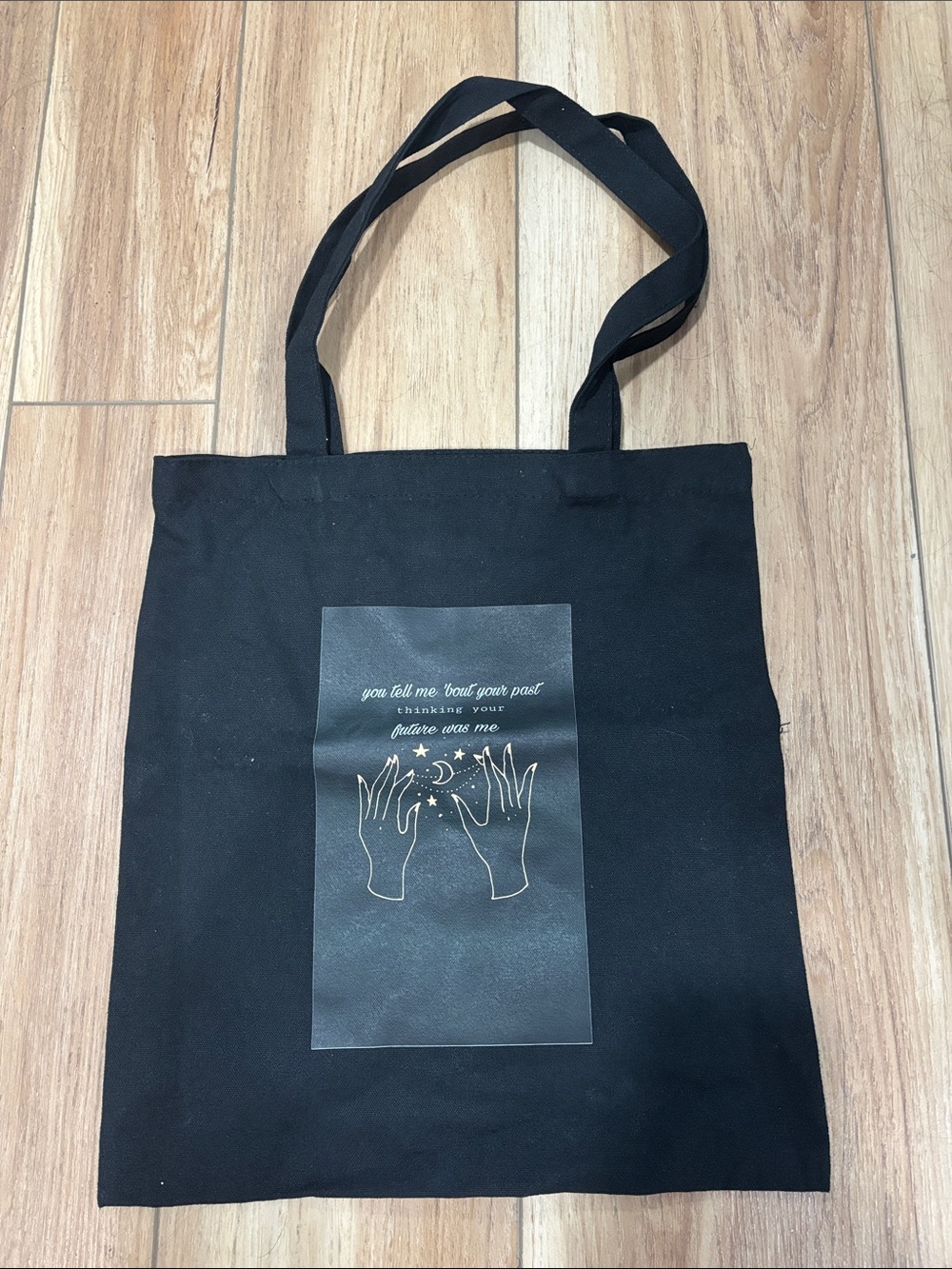 Black Graphic Canvas Tote Bag with Celestial Hands - Taylor Swift Lyrics